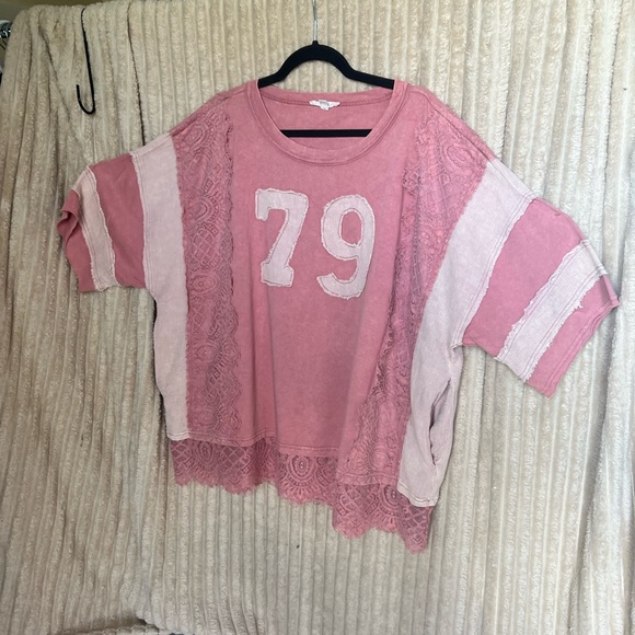 None Tops - Women's Pink Lace Accent '79' Short Sleeve Tee